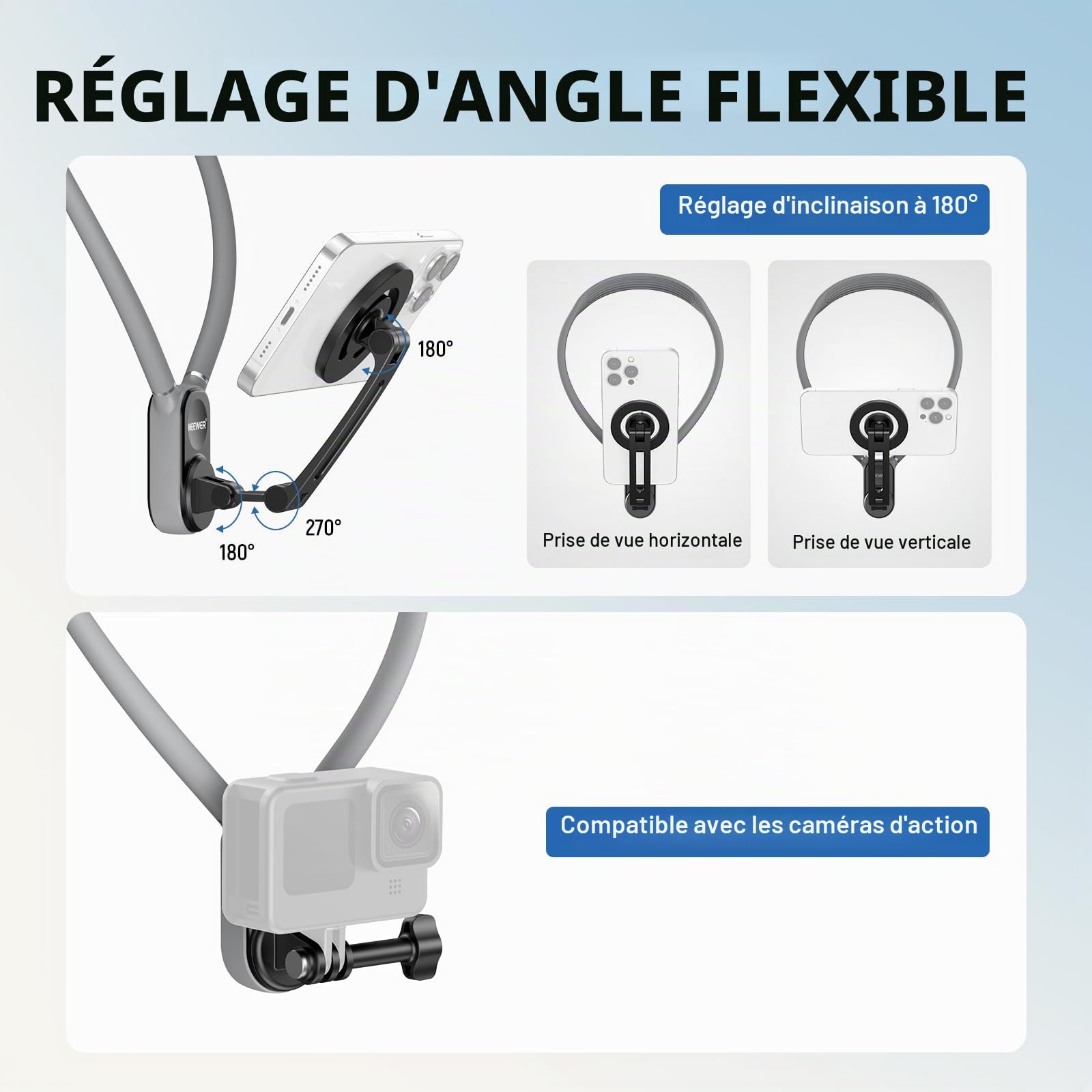 Neewer Support de Cou magnétique pour caméra/téléphone, Mains Libres,Support de Poitrine Compatible avec GoPro DJI Insta360 iPhone15 Android, Support de Cou pour téléphone pour POV Vlog, Gris, GP16