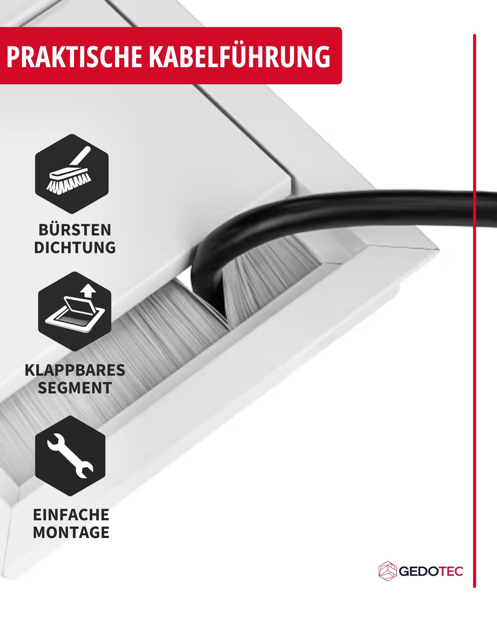 Gedotec Kabeldurchführung Aluminium mit Bürstendichtung 100 x 100 mm weiß – Kabeldurchlass EXIT G11 ECO – Kabelmanagement Schreibtisch & Büromöbel mit klappbarer Abdeckung