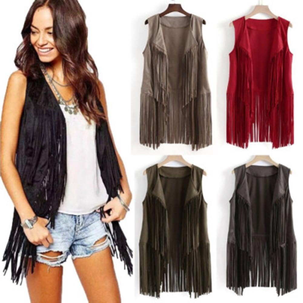 Chaleco de Ante Sintético para Mujer - Estilo Étnico Cárdigan Con Flecos - Vaquero Vintage Sin Mangas - Largo Motorista Chaqueta