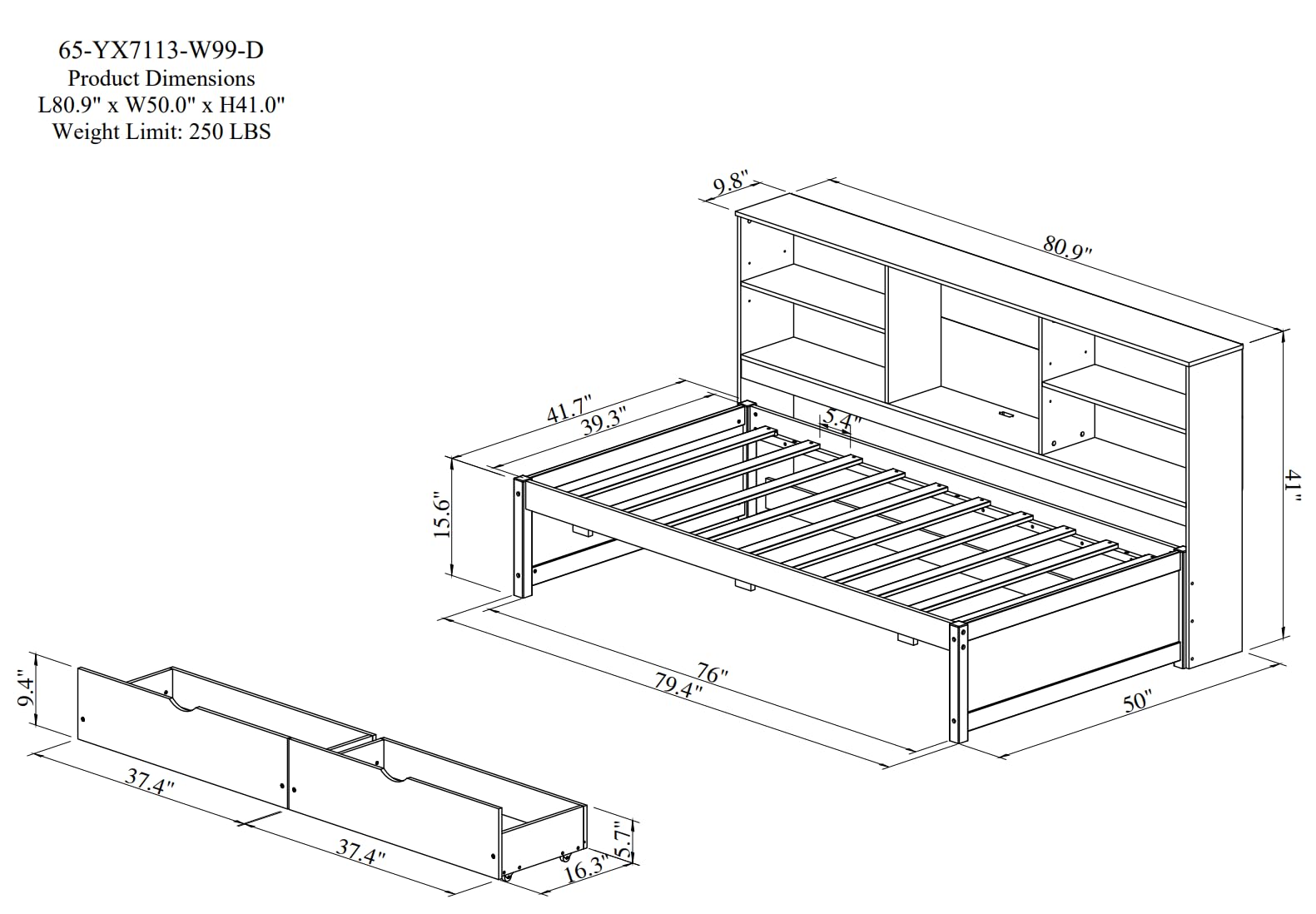 SOFTSEA Twin Size Daybed with Side Bookshelves and Two Drawers for Kids, Multi-Function Daybed Frame with Built-in USB Port, Natural