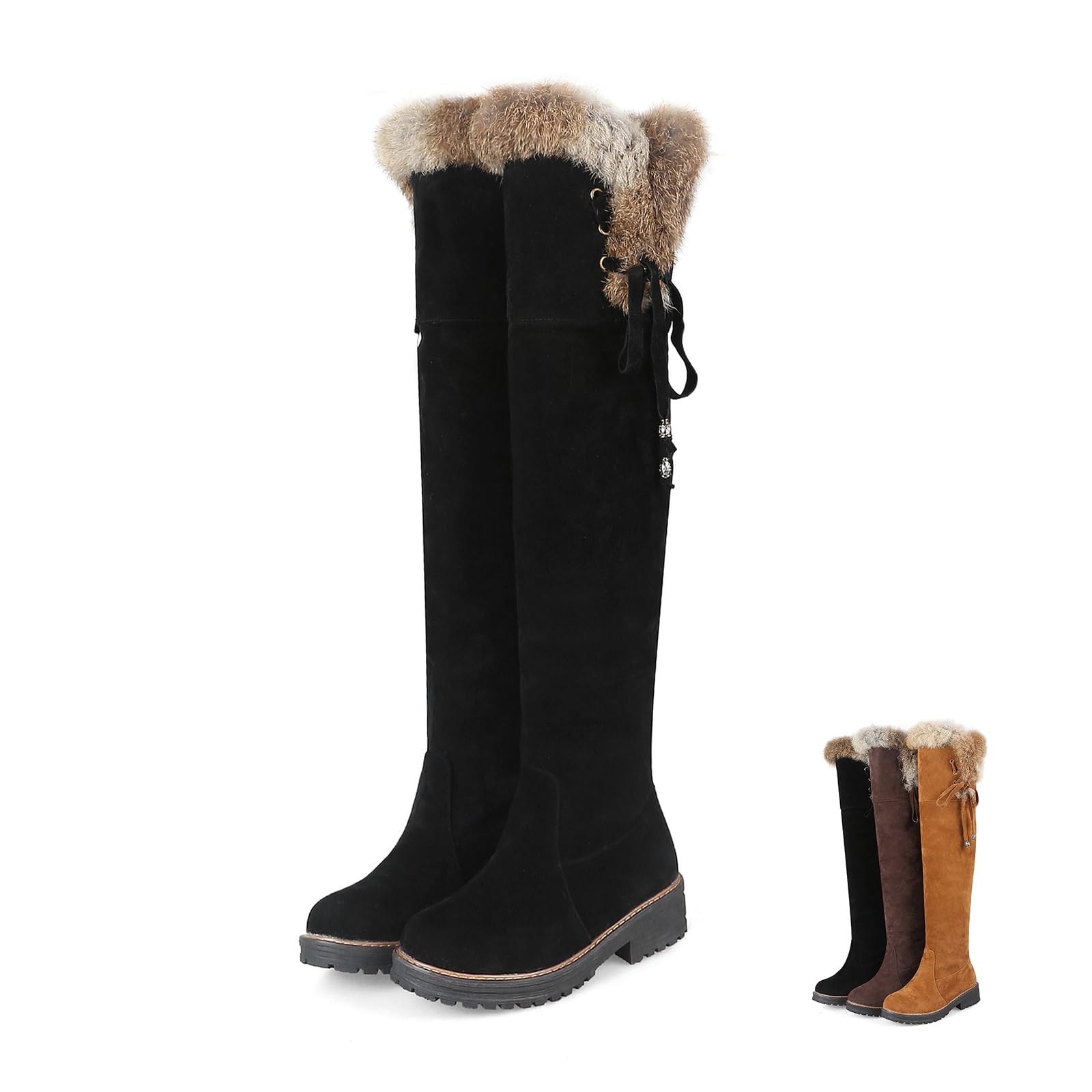 Womens Winter Over The Knee Boots Faux Suede Fur Lined Winter Low heels fur collar side tie over