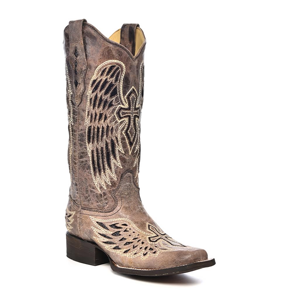 Corral Boots Womens Black Handcrafted Cowboy Boots Square Toe Western Boots with Glitter Cross Wings Embroidered Design
