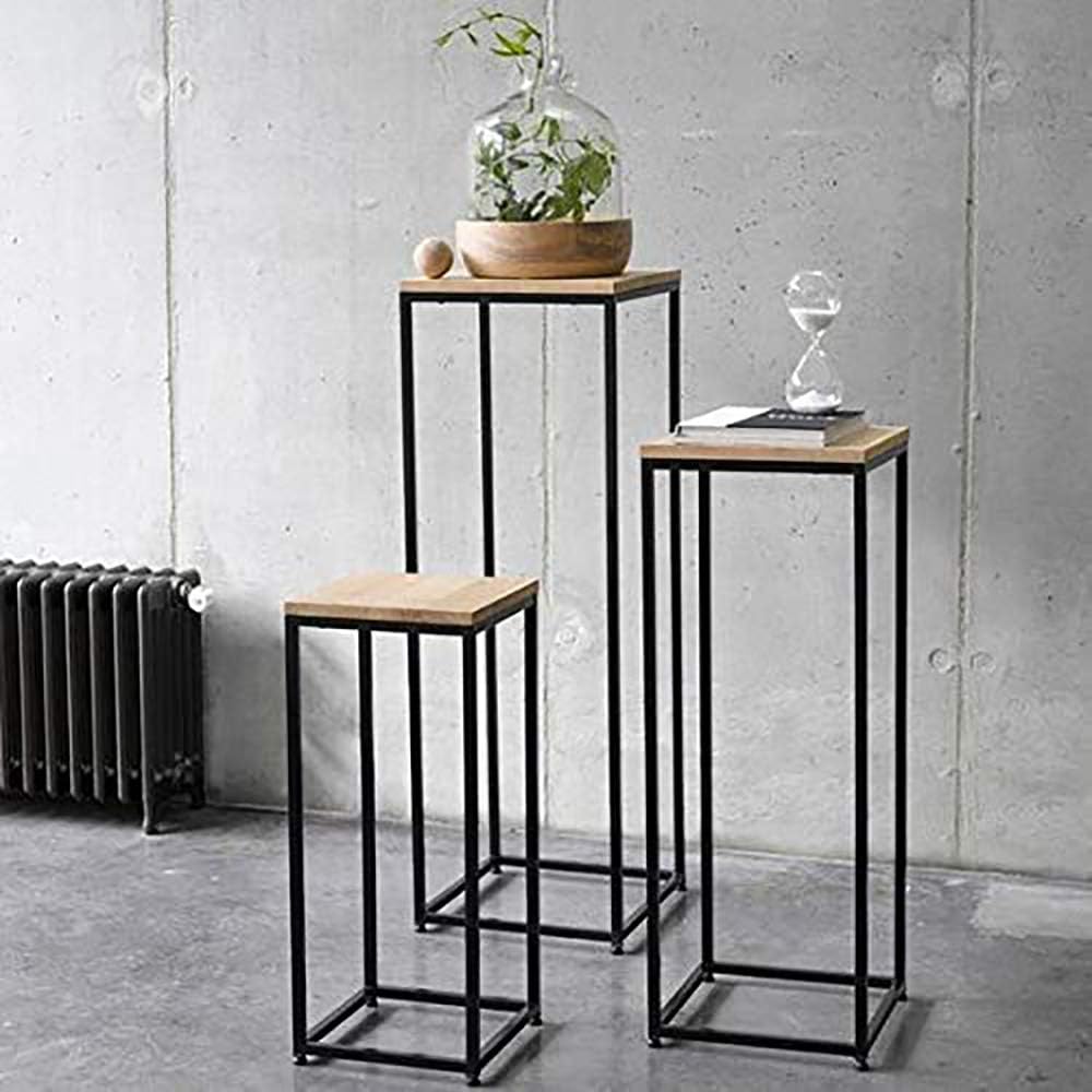 Homey Essense Metal Frame Solid Sheesham Wood Top Nesting Table Decoration for Home | Set of 3 Stools | (Black&Brown)