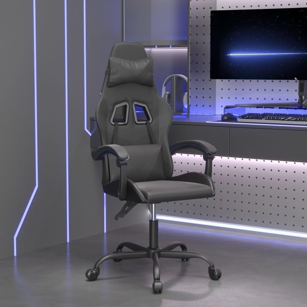 Fotel gamingowy, krzesło obrotowe ze sztucznej skóry, czarne, ergonomiczne, z zagłówkiem, podparciem lędźwiowym, funkcją przechylania, z regulacją wysokości, kółka do domu, biura, gabinetu i