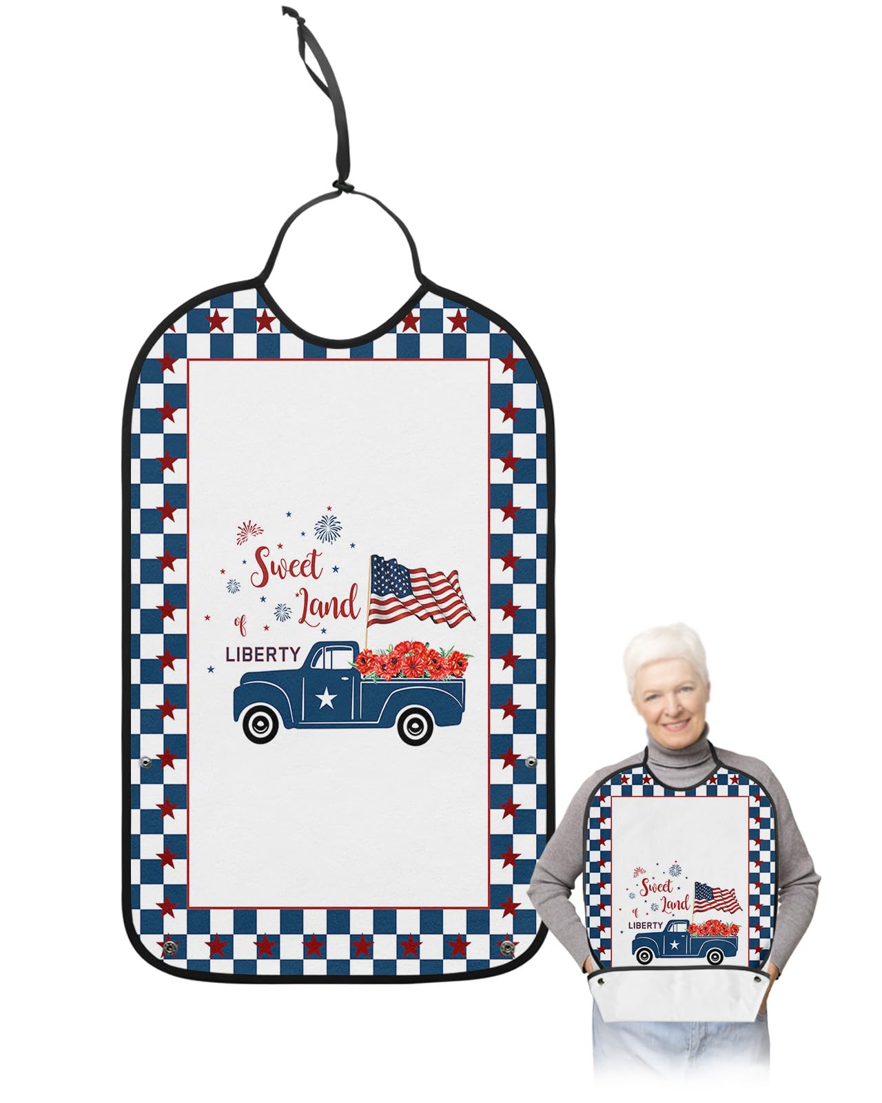 4th of July Adult Bibs for Eating, Waterproof Bibs with Food Catcher & Adjustable Snap Closure, Independence Day Truck Blue Plaid Star Washable Clothing Protectors Adult Bibs for Elderly Women/Men