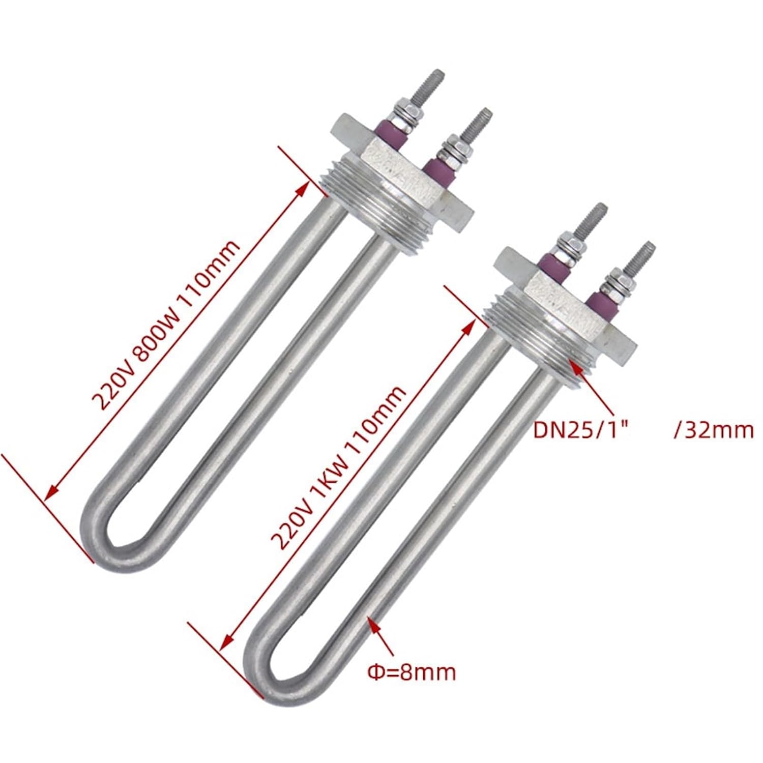 DN25 Heater 220V 300W/500W/800W/1000W Stainless Steel Immersion Water Heating Element with 1 Inch Thread 32mm 1Pcs(Heater Thread,220V_1KW)