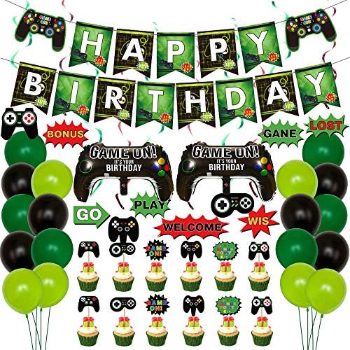 Set di accessori per videogiochi, accessori per feste e videogiochi, con festone Happy Birthday, gamer sotto il motto palloncini, palloncini da gioco, gioco da appendere per feste