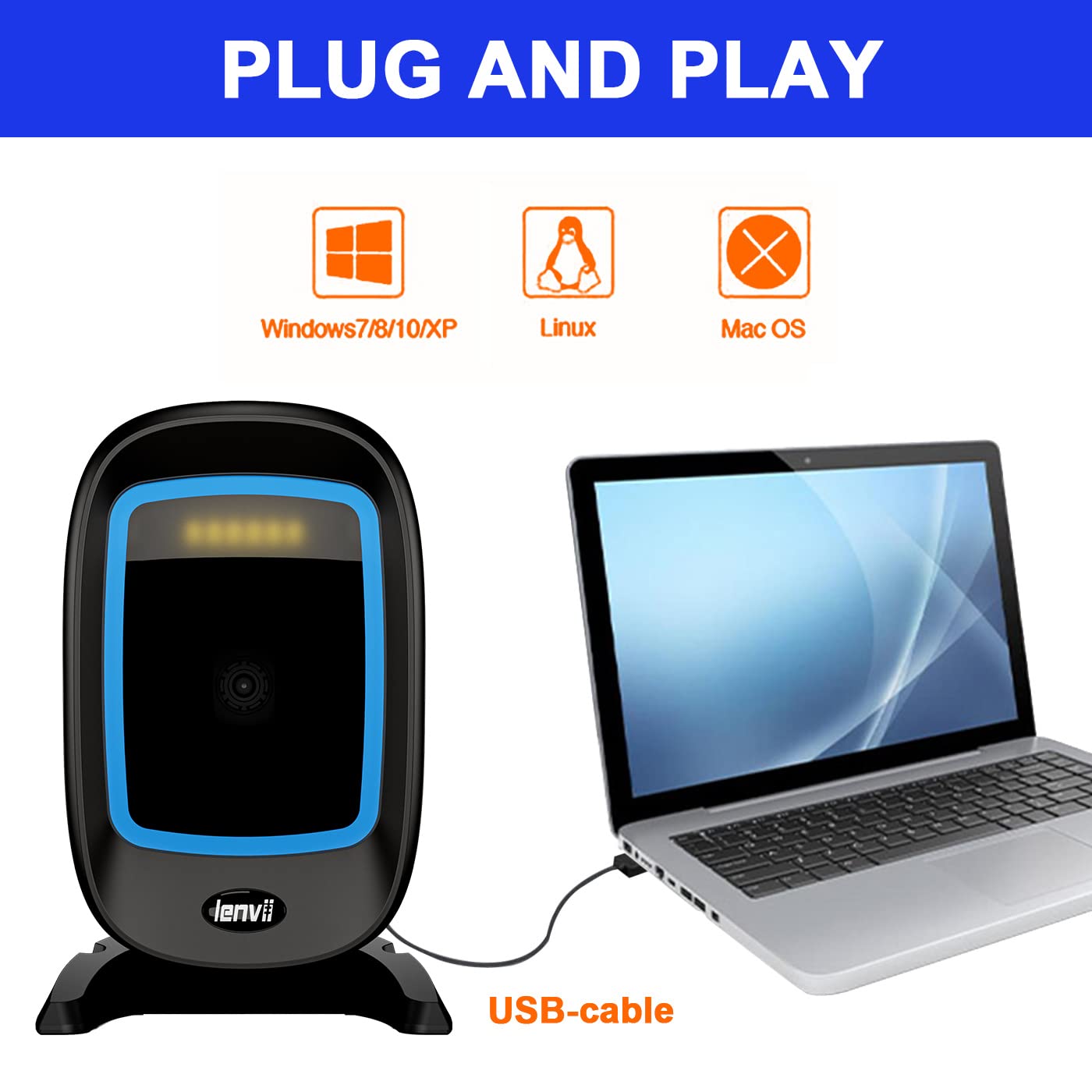 LENVII D2200 scanner connected via USB to a laptop, showing compatibility with Windows, Linux, and Mac OS
