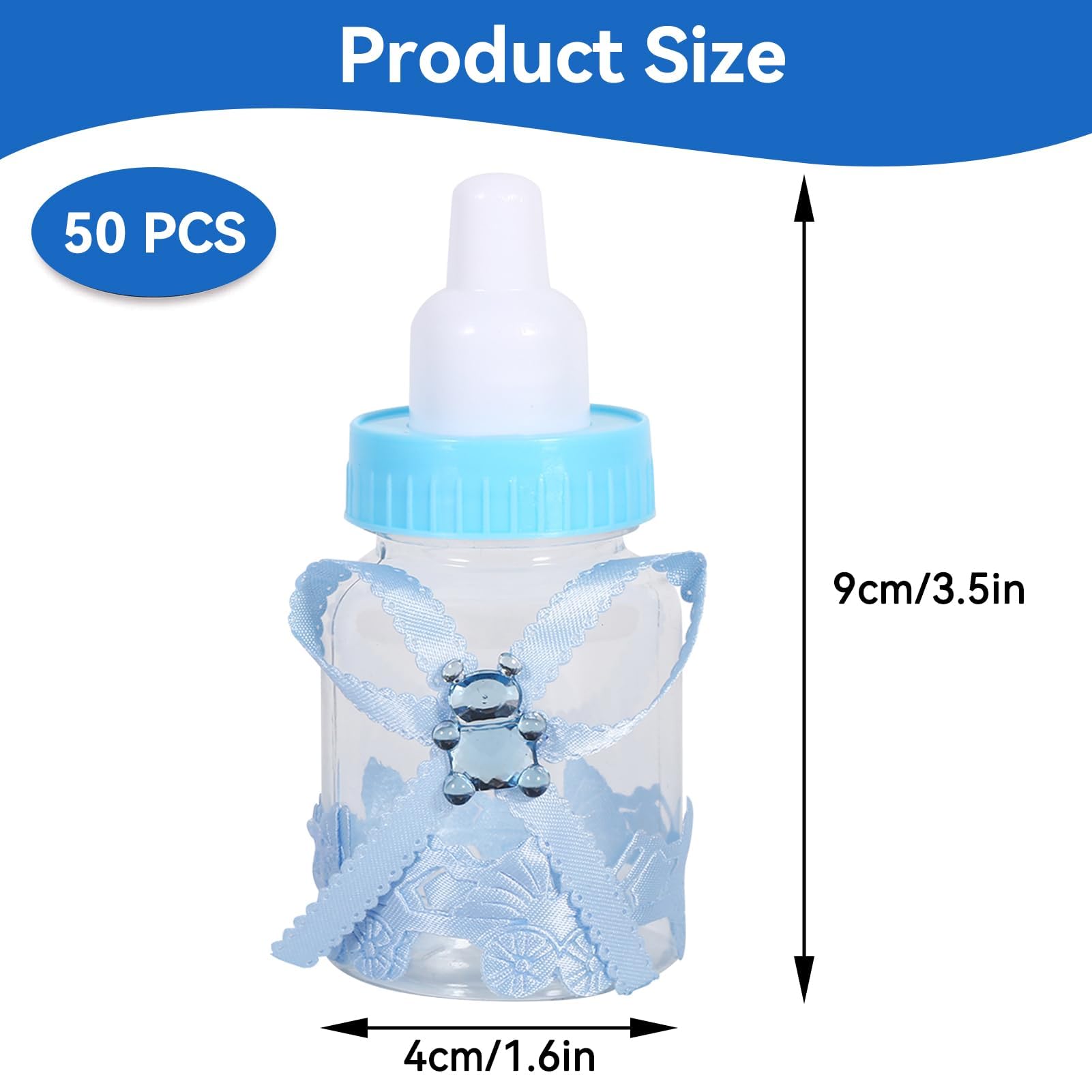 50 Pcs Feeder Style Bonbons Bouteille pour Baby Shower, Mini Party Favors Fillable Candy Gift Box pour Garçon Fille Nouveau-né Infant Baptême Baptême Fête D'anniversaire Décoration(Bleu)