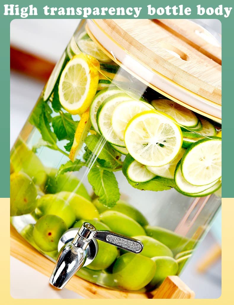 Dispenser per bevande in vetro con beccuccio in acciaio inox e supporto in bambù, dispenser per bevande durevoli per uso domestico o commerciale, ideale per bevande calde e fredde alle feste