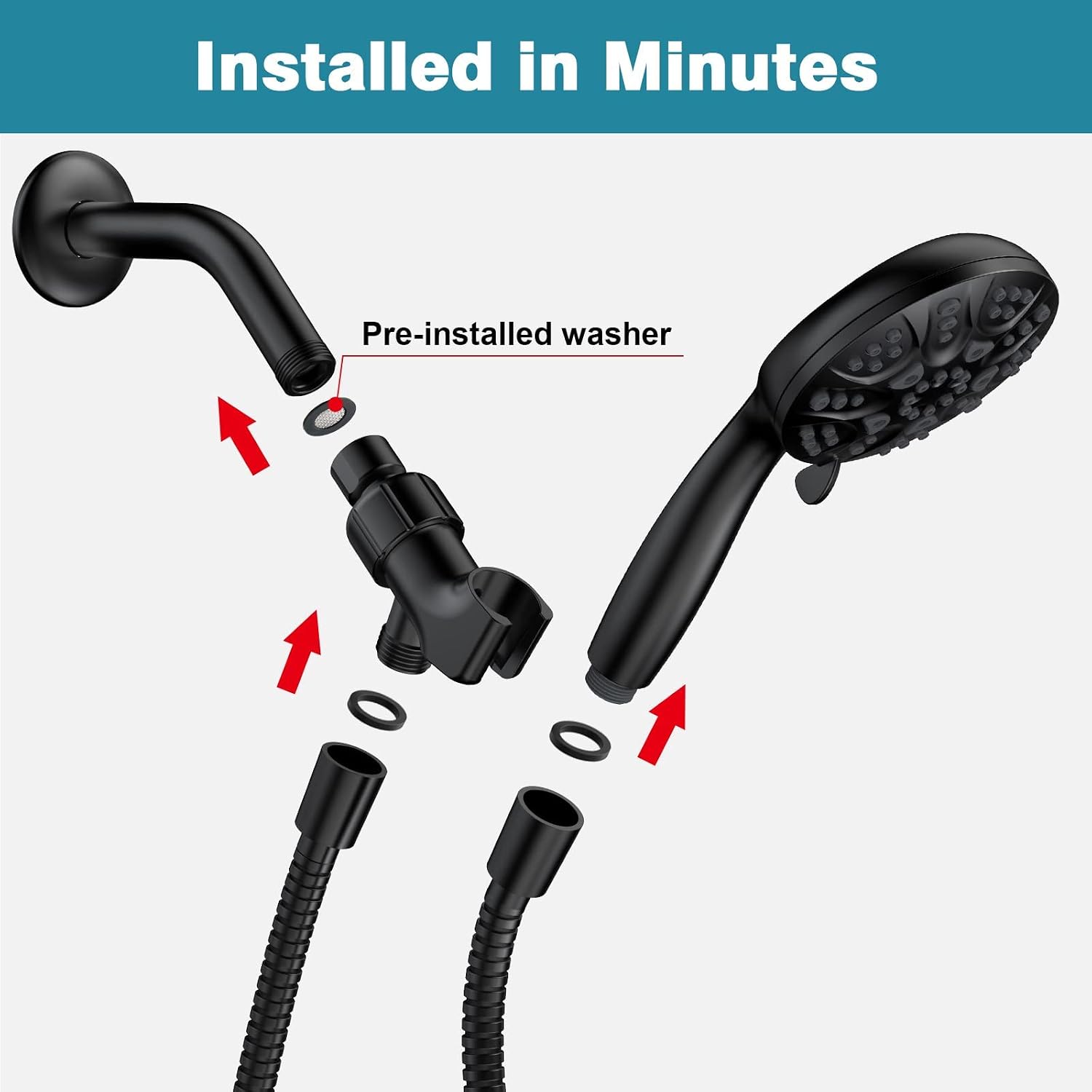 High Pressure Handheld Shower Head, 6 Spray Settings Shower Head with Handheld, 4.3 Inch High Flow Hand Held Rain Showerhead with Stainless Steel Hose, Adjustable Bracket, Hopopro (Matte Black)