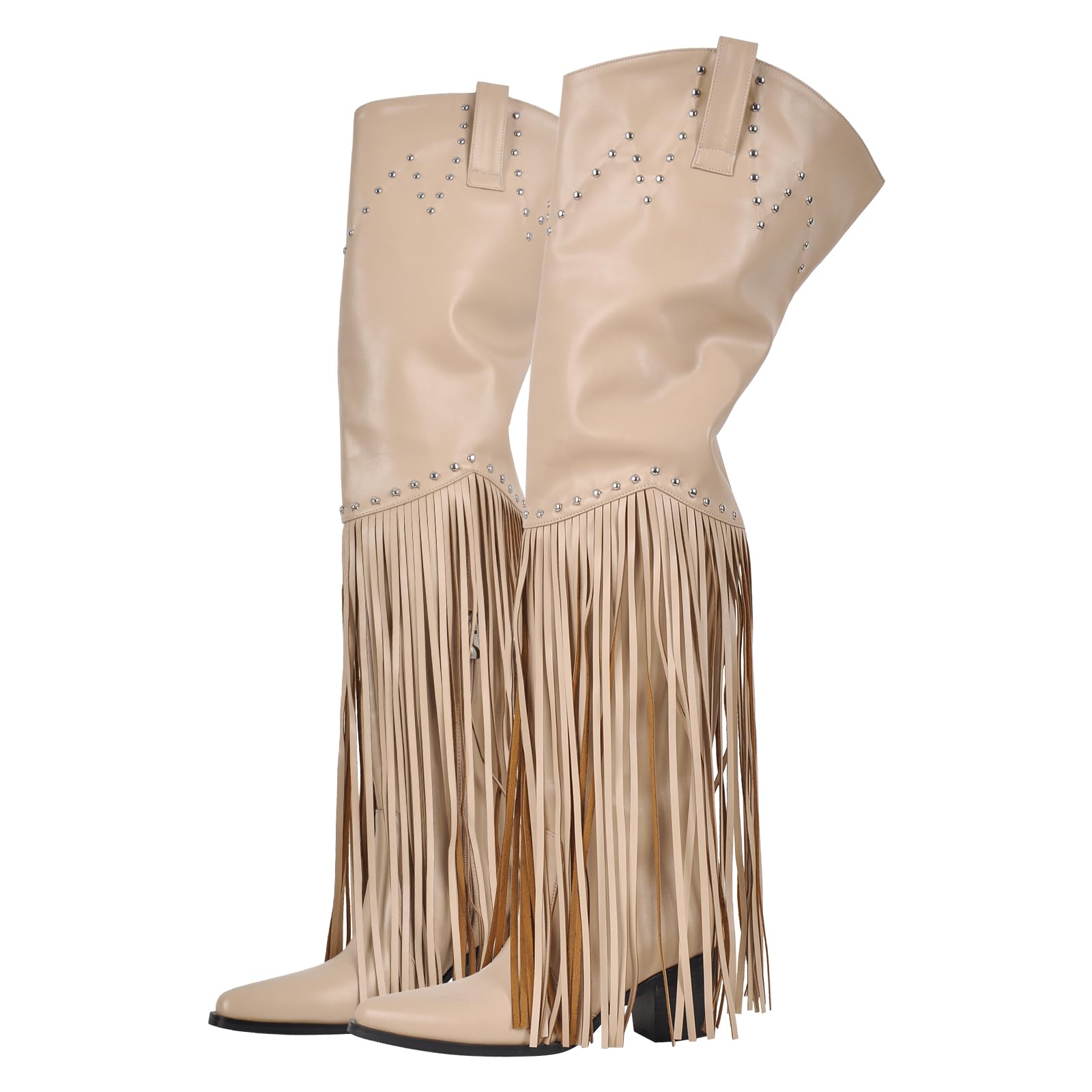 richealnini Western Thigh High Cowboy Boots with Fringe Over Knee Wide Calf Cowgirl Boots