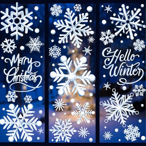 YUJUN 8 Sheets Winter Snowflakes Window Decals Christmas Blue Oil Painting Snowflakes Stickers for Christmas Glass Home Decor and Xmas Winter Window Decoration