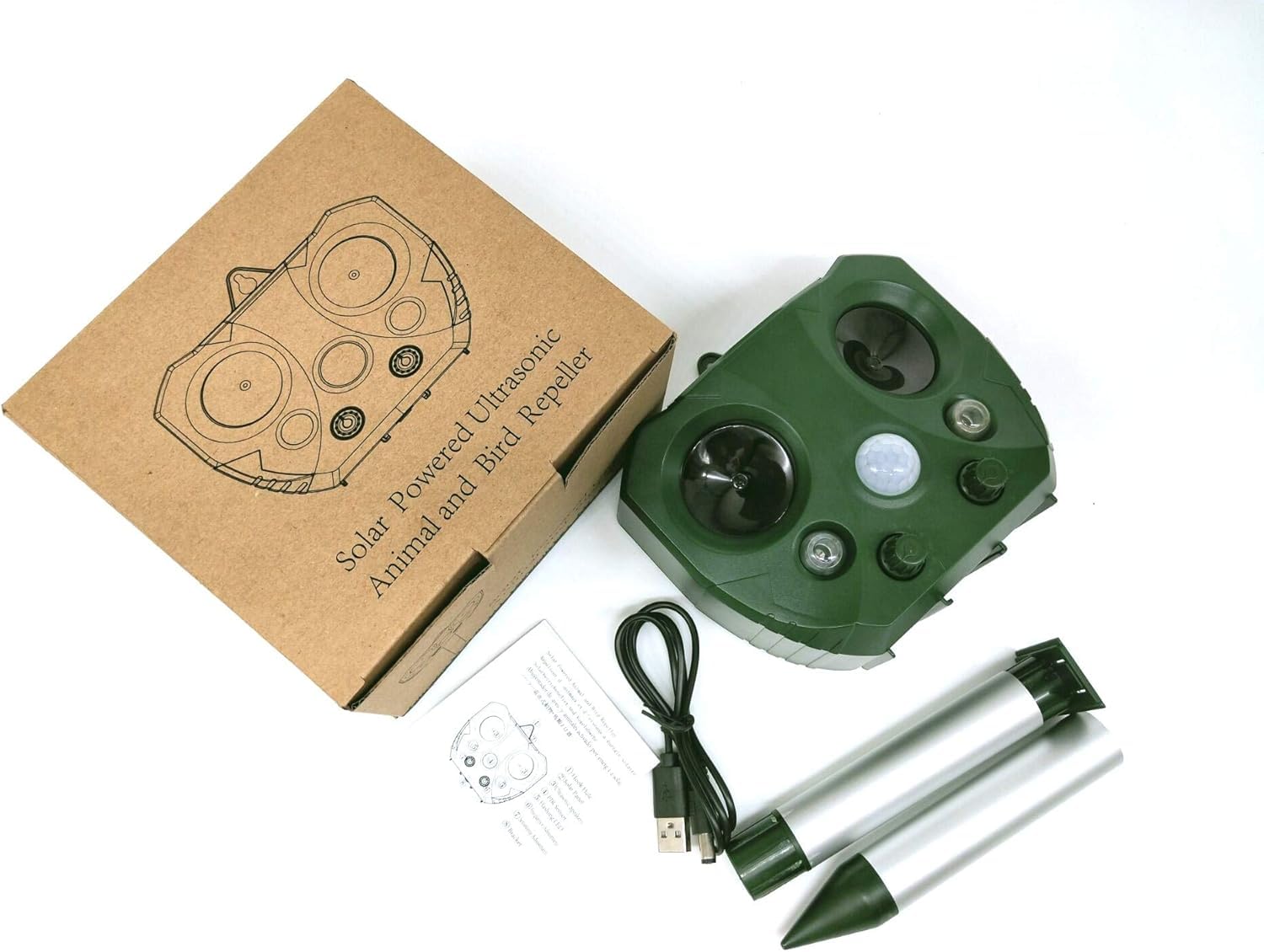 Répulsif à ultrasons pour Animaux et nuisibles | Chat, Chien Effrayeur | Dissuasion du Blaireau, du Renard et du Lapin | Panneau Solaire, Batterie Rechargeable, capteur Infrarouge, Flash LED,1pcs
