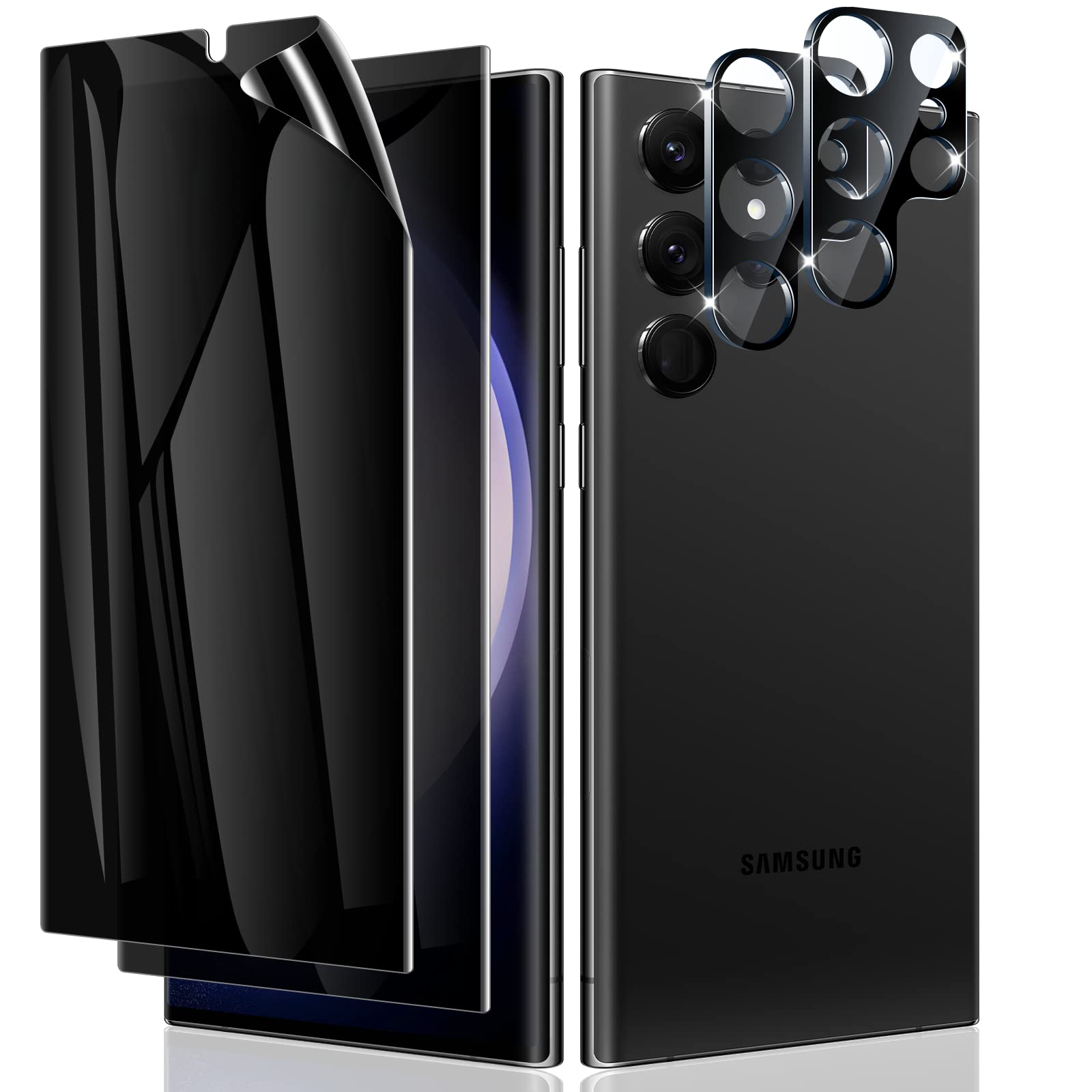 LYWHL [2+2 Pack for Samsung Galaxy S23 Ultra Privacy Screen Protector [Not Glass], Anti-Spy Flexible Film Compatible Fingerprint + Camera Lens Glass Protector for Galaxy S23 Ultra 6.8”