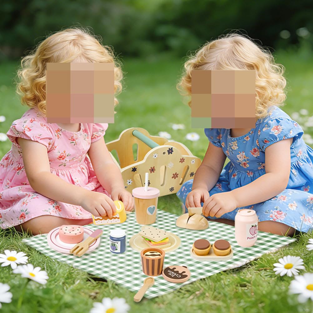 Set da Picnic in Legno, Set di Gioco per Finta tè del Pomeriggio con Dessert