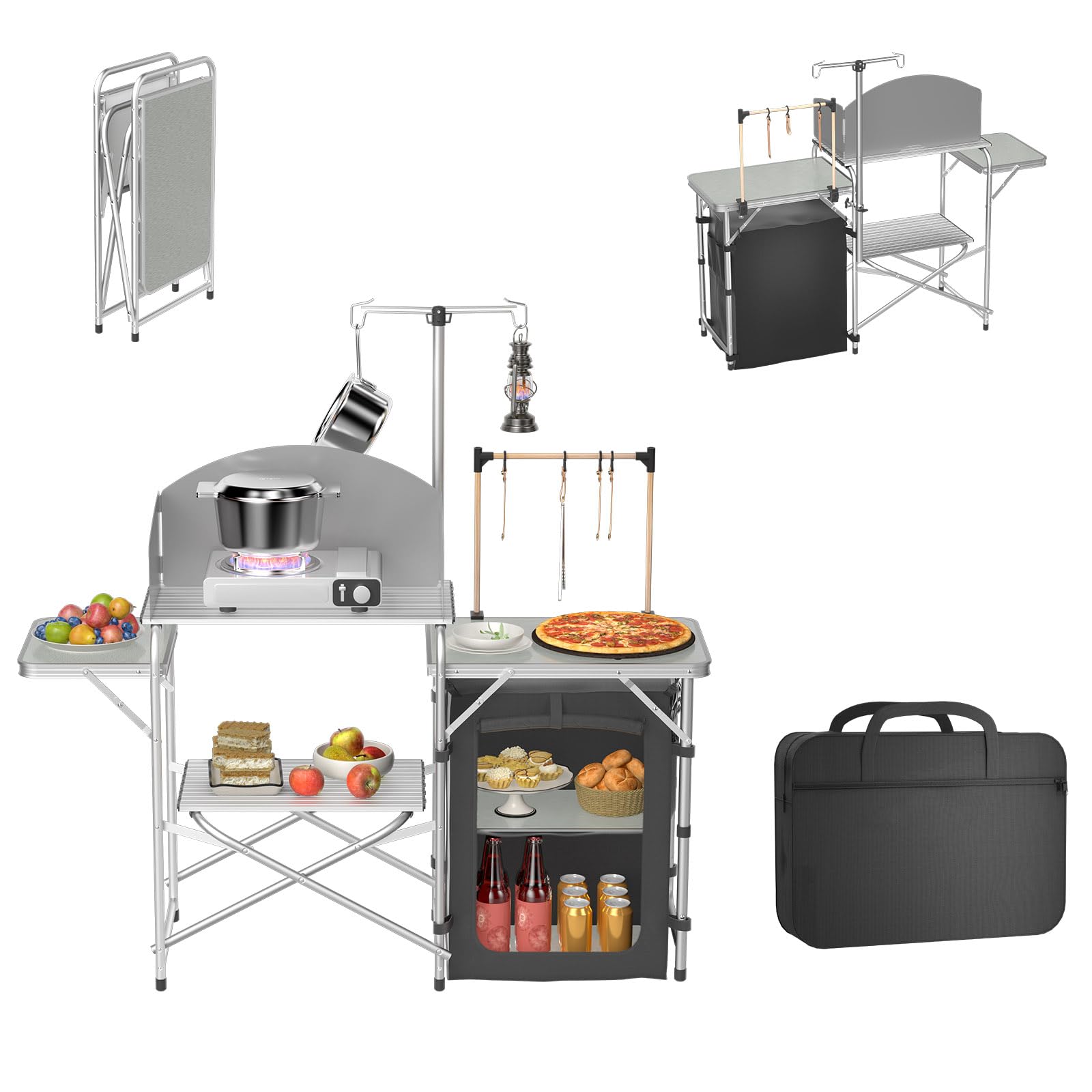 UISEBRT Tavolo da cucina da campeggio pieghevole con mobile da campeggio, paravento e piano di lavoro in MDF, pieghevole per esterni, con supporto per lampada, borsa per il trasporto, ideale per