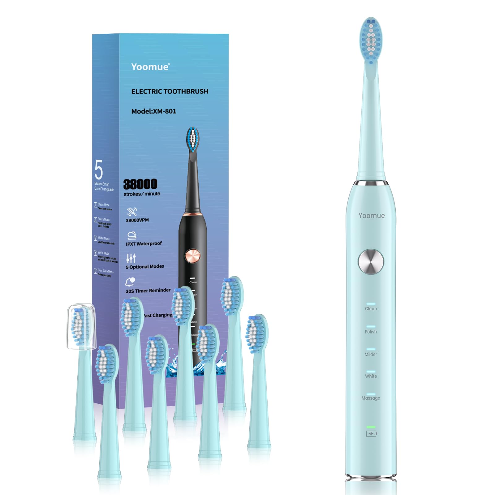 Sonic Electric Toothbrush for Adults & Kids - 5 High-Performance Modes, 8 Replacement Heads, 2.5-Hour Fast Charge, Built-in Smart 2-Minute Timer, IPX7 Waterproof, 35Day Battery Life Light Blue-image-26