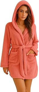 unisex Hooded Fur Robe, Soft Bathrobe for Womens, Cute Long House Coat