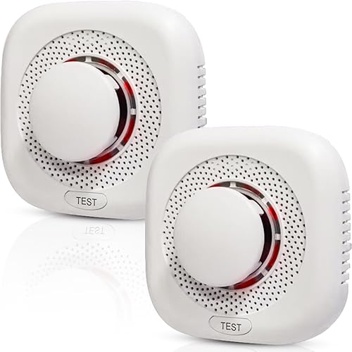 Paquete de 2 detectores de humo ópticos, detector de humo para el hogar con botón de prueba y botón de silencio, alarma de incendio con indicador