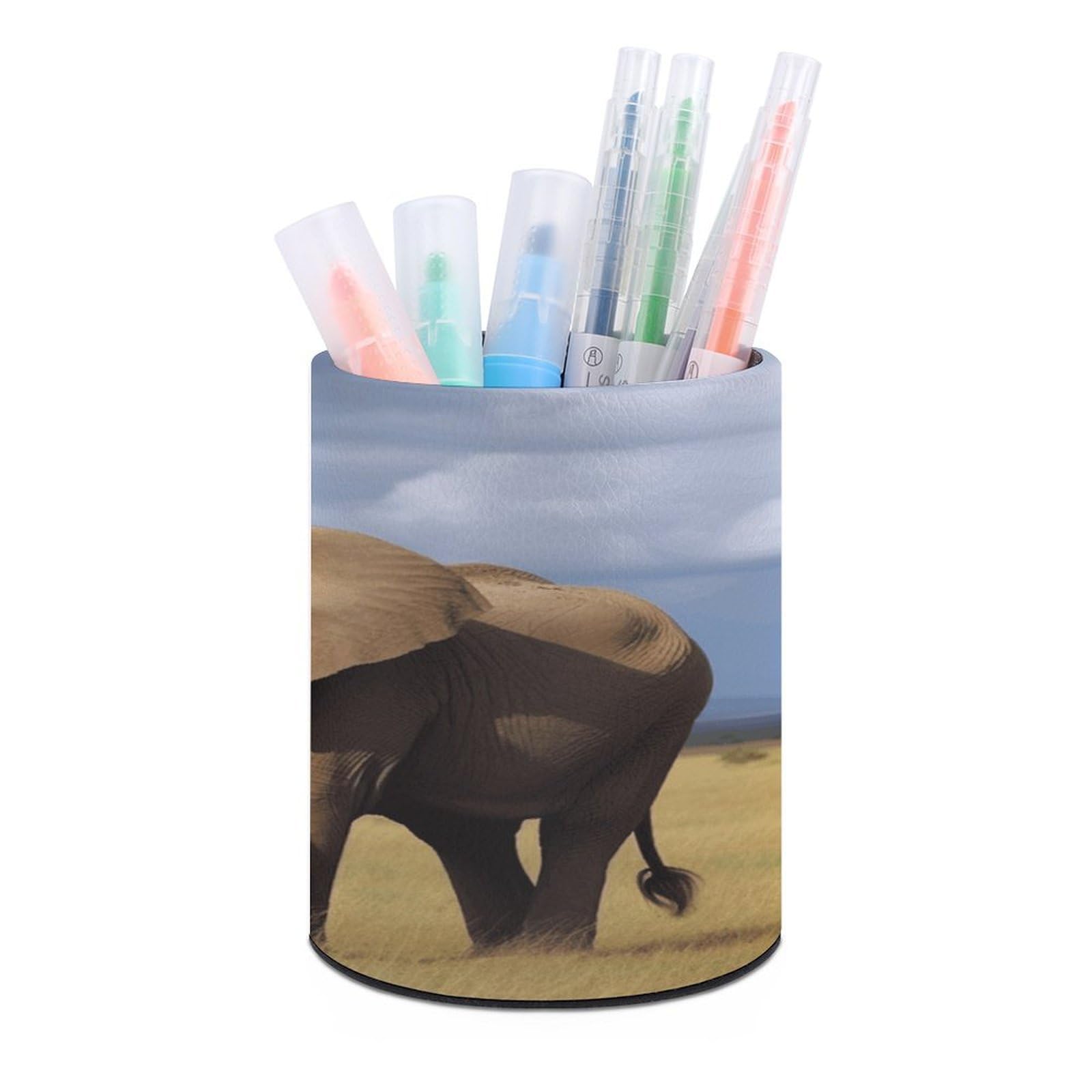 VstaDank African Meadow Elephant Pen Holder Round Pencil Holder Cup Pen Container PU Leather Desk Organizer Stand Decorative Brush Scissor Holder Decoration Office Desk Home (3.1 x 3.9 inch)