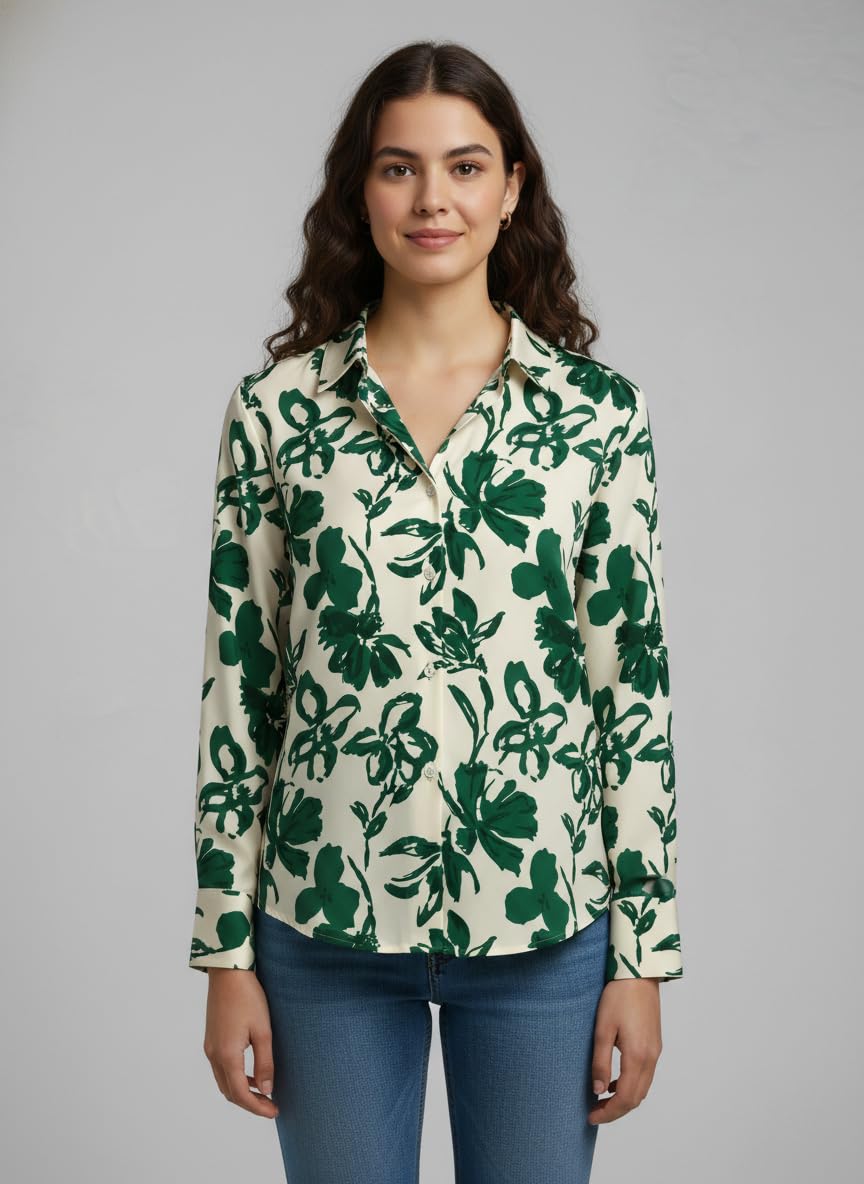 ANNI Designer Bedrucktes Damenhemd aus Baumwollmischgewebe, langärmelig, normale Passform, Hemdkragen, legere Bürokleidung, elegante Western-Kleidung für den Alltag, Hochzeit, Party