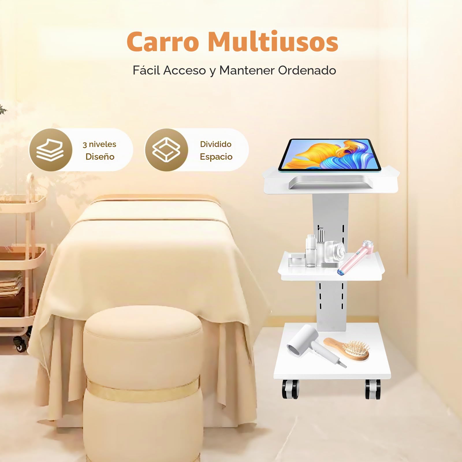 Carrito portátil, auxiliar para dispositivos médicos y dental, mesa auxiliar de 3 niveles, blanco