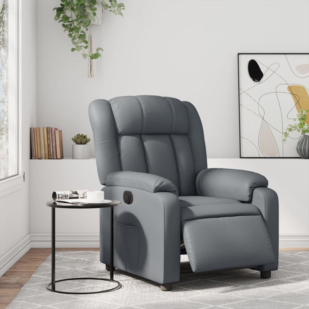 Fotel relaksacyjny, elektryczny, szary, sztuczna skóra, z funkcją leżenia i regulowanym oparciem, wygodny fotel telewizyjny z podłokietnikami, rama drewniano-metalowa, ergonomiczny do salonu