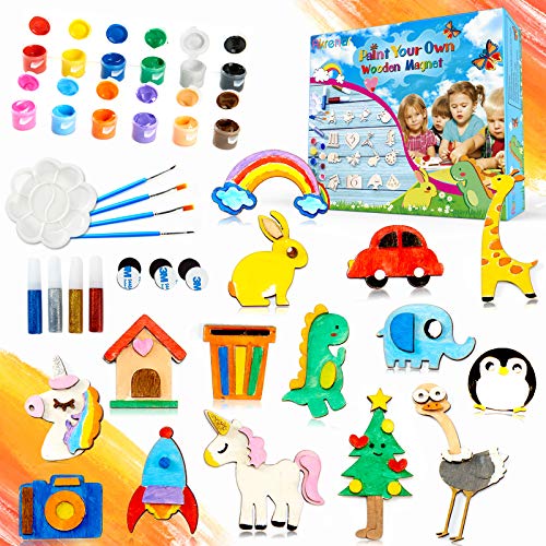 Paint Your Own Wooden Magnet,40 Pcs DIY Arts and Crafts for Kids Ages 4-8,Painting Craft Kit and Art Set for Kids, Christmas Crafts Supplies Art Activities Party Favors for Boys Girls Toys