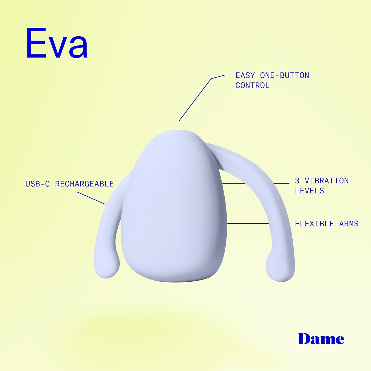 Dame Products Eva Personal Massager for Women - Relieve Stress Relax Hands-Free - 3 Speeds - Rechargeable - 100% Waterproof and Body-Safe - Ice Color