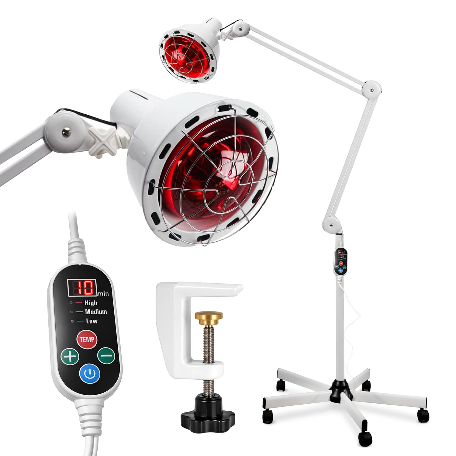 Boston Tech Lámpara Infrarroja WE108 275 W, Lámpara de Calor para Termoterapia y Fisioterapia, Base de 5 Patas con Ruedas, Mando, Temporizador, 3 Niveles y Accesorio de Mesa.