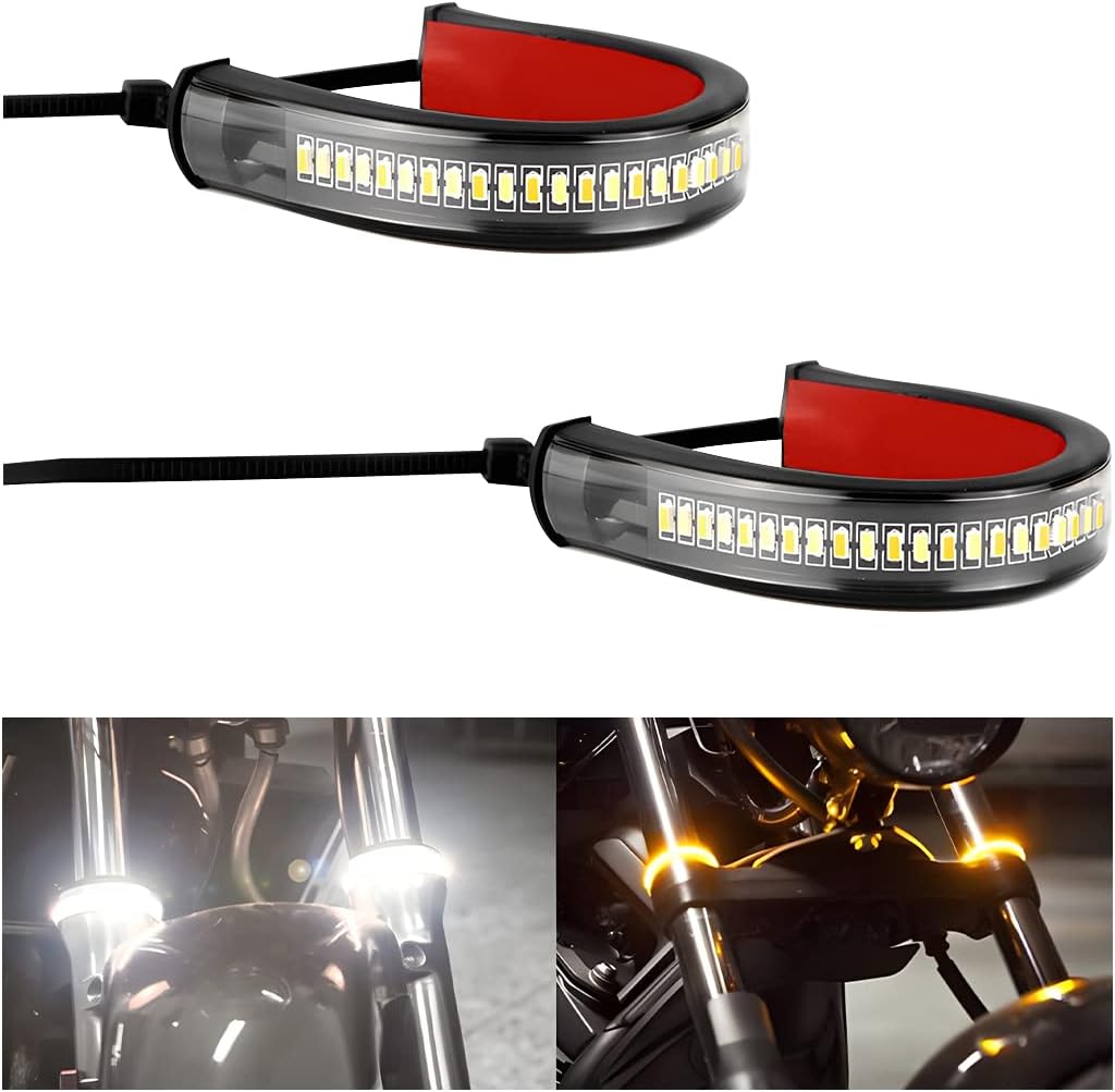 2PCS Motorcycle LED Turn Signal Light, Flexible Switchback Dual-Color White & Amber Fork Turn Signal Blinkers, DRL Daytime Running Light Waterproof Adjustable Strips Bars for Motorbike