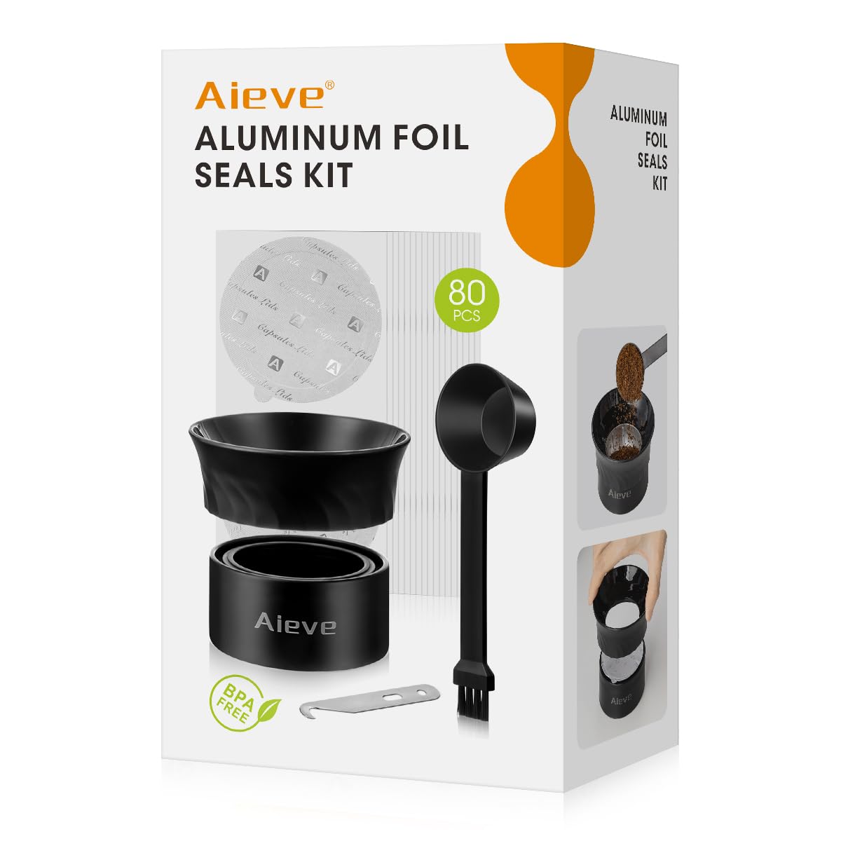 Aieve Reusable Vertuo Capsule Kit Compatible with Nespresso Pods Vertuo Include 80 pcs Aluminum Foil Seals Lid, Pod Holder, Coffee Spoon and Lid Opener
