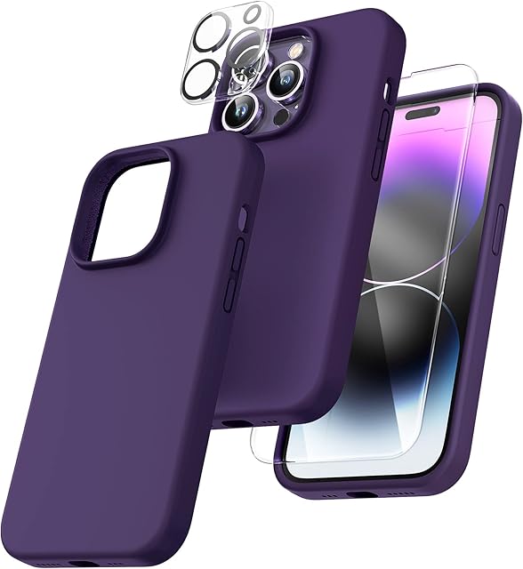 TOCOL 5 in 1 for iPhone 14 Pro Case, with 2 Pack Tempered Screen Protector + 2 Pack Camera Lens Protector, Liquid Silicone Slim Shockproof Cover [Anti-Scratch] [Drop Protection] 6.1", Deep Purple