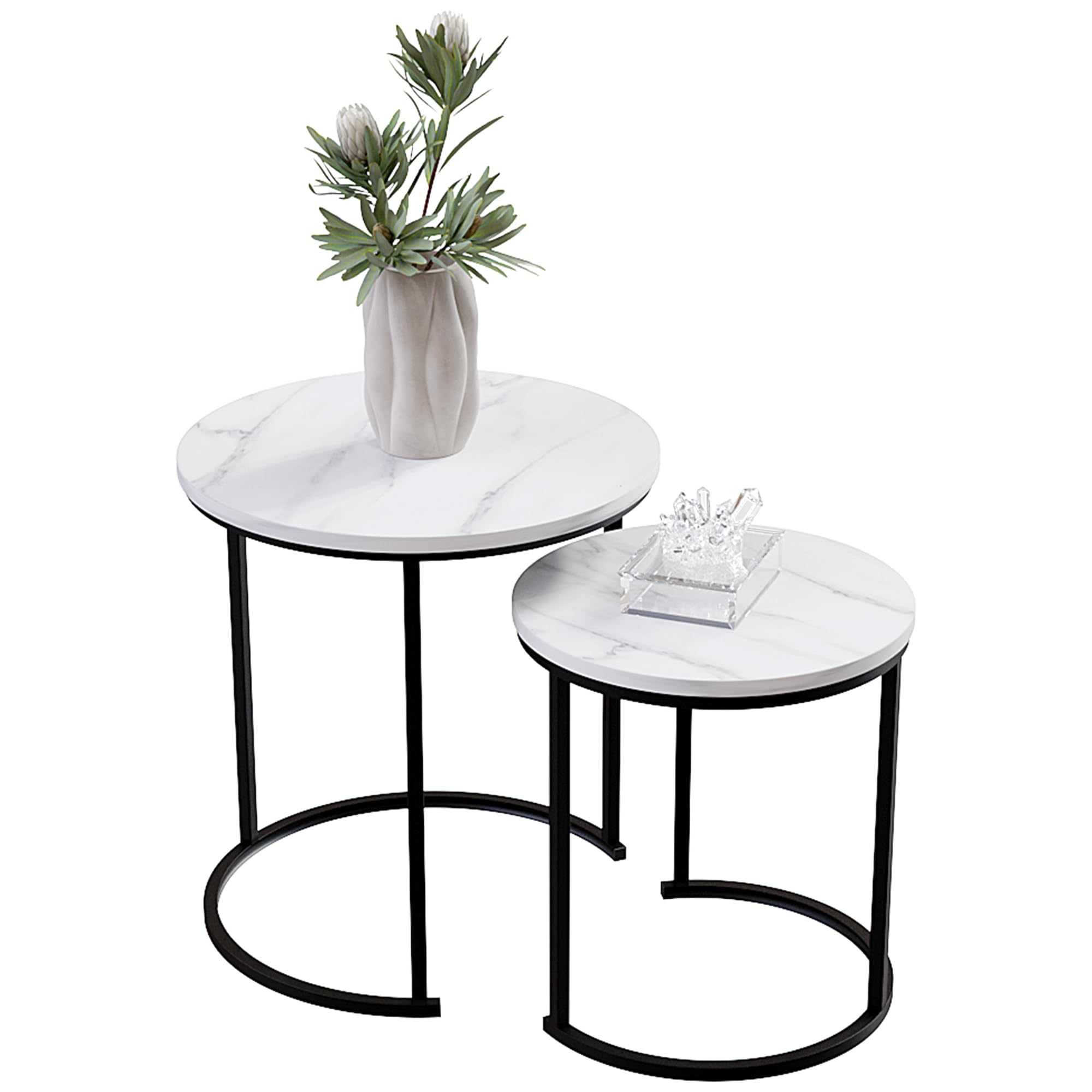 Vida Designs Brooklyn Nest of 2 Round Tables Living Room Stacking side End Tables Metal Frame (Marble)