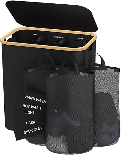 Miniatura 10 de Cesto para ropa sucia de 3 secciones, 145L cesto para ropa sucia con tapa, organizador de cesta de lavandería extragrande con bolsas interiores