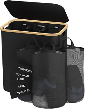 160L Laundry Hamper with Lid, 3 Section Laundry Basket with 3 Removable Bag | Clothes Hampers for Laundry with Bamboo Frame Handle, Large Dirty Clothes Hamper for Laundry Room, Bathroom, Bedroom, Black