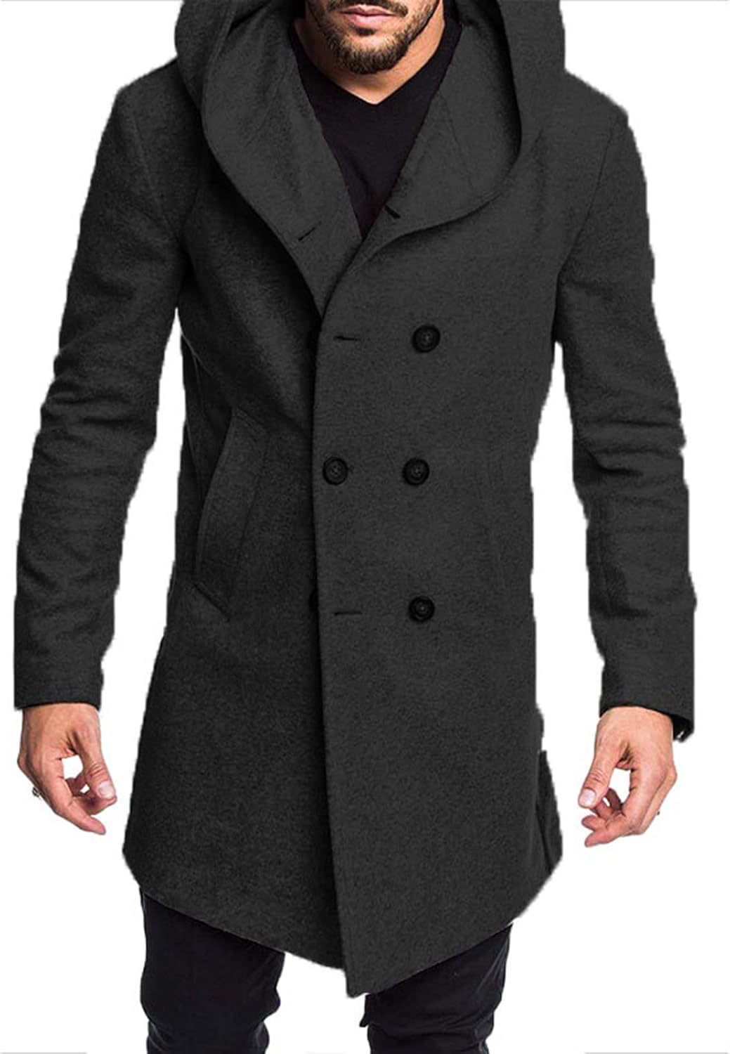 メンズウールトレンチコート冬スリムフィットウールジャケット長いピーコートオーバーコート Black M Legrowshop