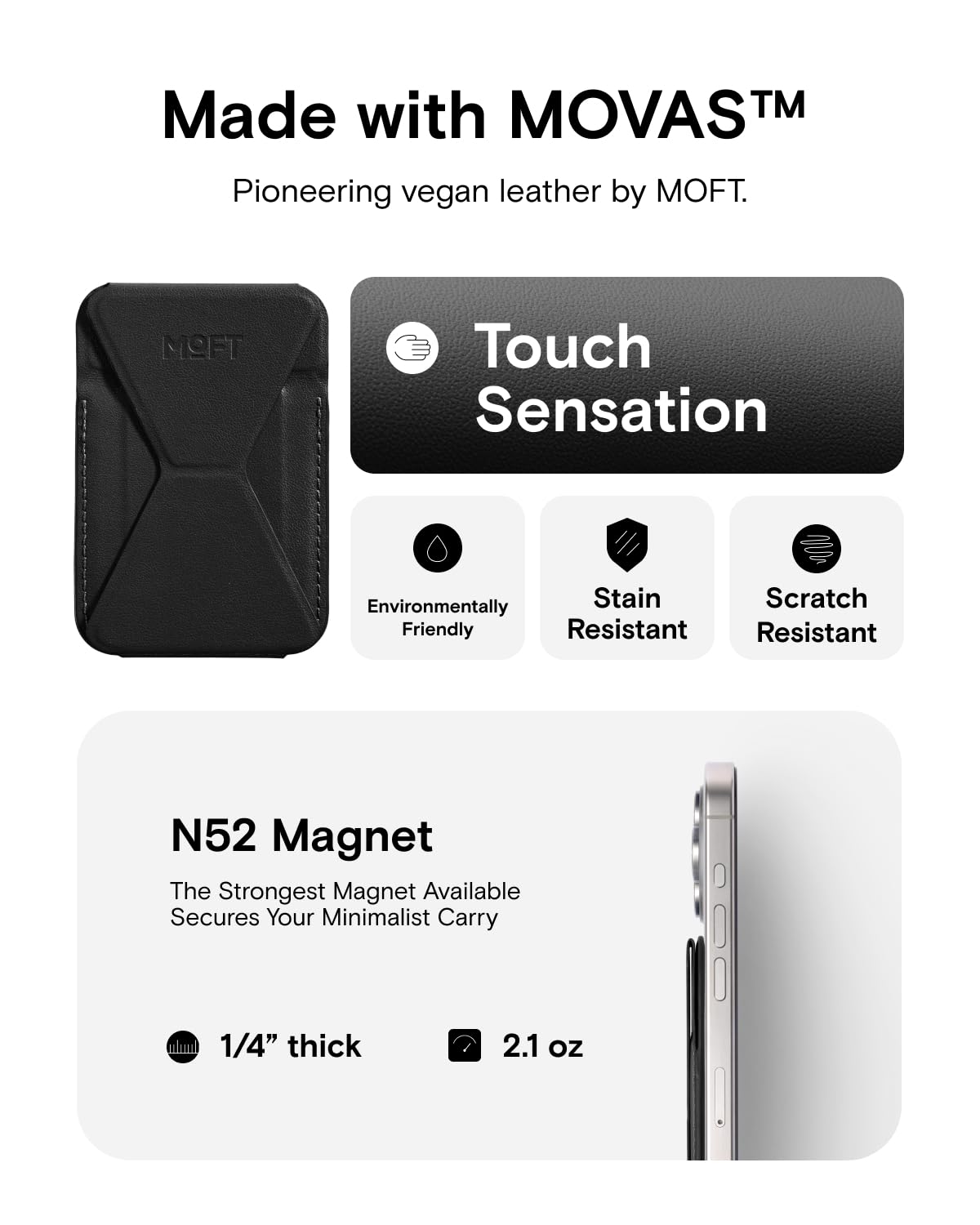MOFT Magnetischer Wallet Ständer Kartenhalter für iPhone 17/16/15/14/13/12 Serie Kompatibel mit MagSafe, MOVAS Magnetischer Handy-Ständer aus Vegan-Leder mit 3 Betrachtungswinkeln, 2 Karten, Schwarz