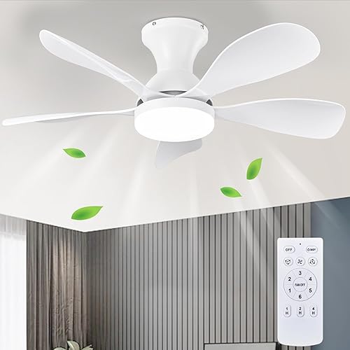 FUMLTP Ventiladores de techo de perfil bajo de 33 pulgadas con luces y control remoto, ventilador de techo moderno de montaje empotrado blanco con 5