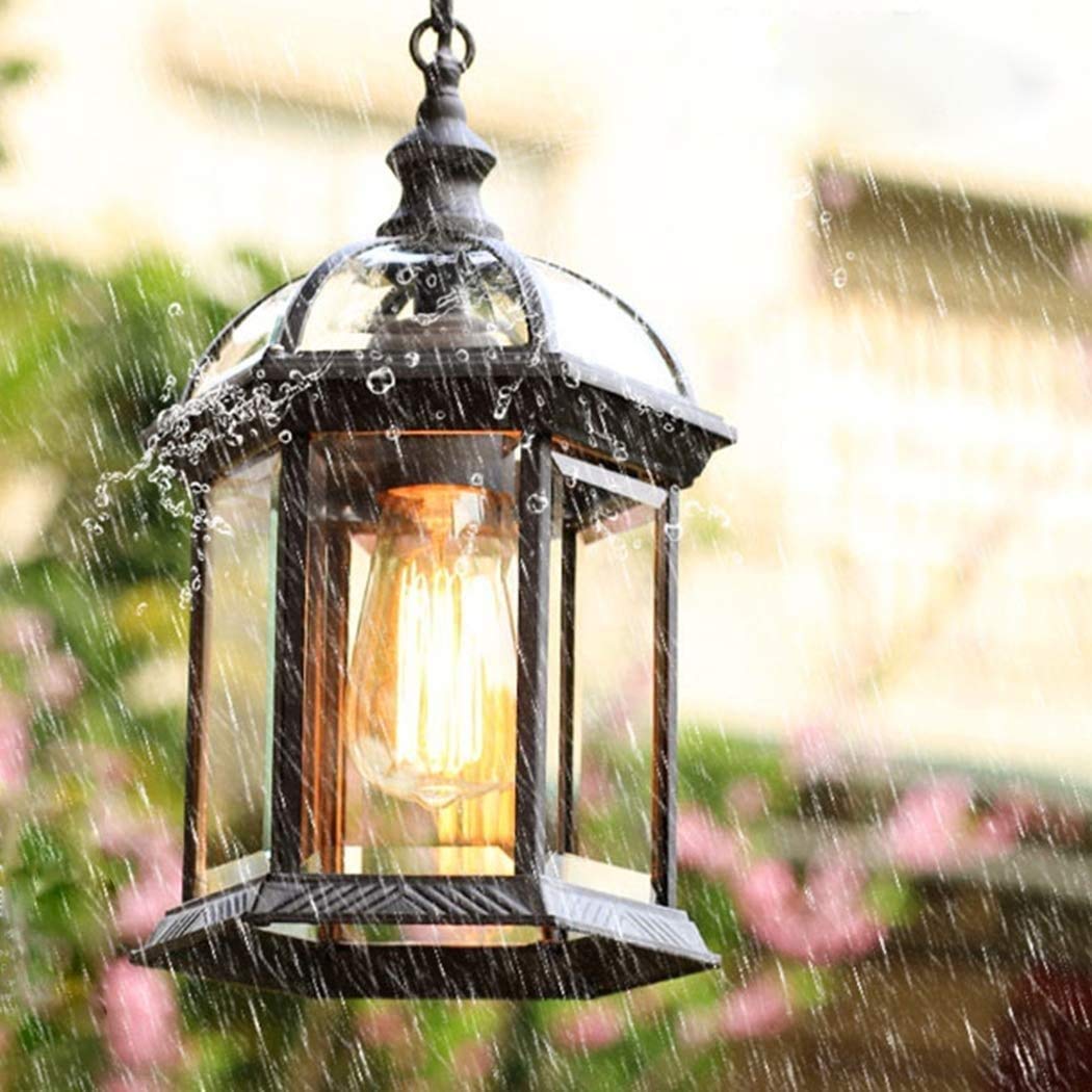 Lanterna sospesa per esterni, illuminazione a sospensione a soffitto a incasso Lampade a sospensione industriali a soppalcoIP54 Luci esterne impermeabili, nero, paralume in vetro alluminio E27 per