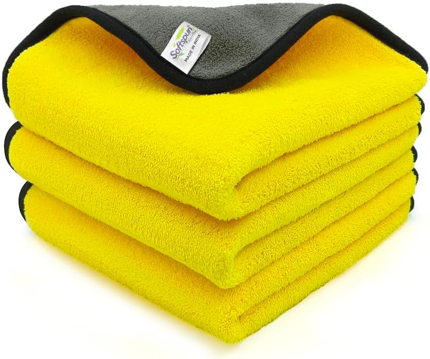 Microfiber Cloth Silk Banded Edges 800 GSM 30X40 cms 3pcs Yellow+Grey! Silk Banded Edge Towel Set Extra Thick Microfiber Cleaning Cloths Perfect for Bike Auto Cars Both Interior and Exterior.