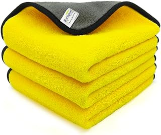 SOFTSPUN Microfiber Cloth Silk Banded Edges 800 GSM 30X40 cms 3pcs Yellow+Grey! Silk Banded Edge Towel Set Extra Thick Mic... Price In India