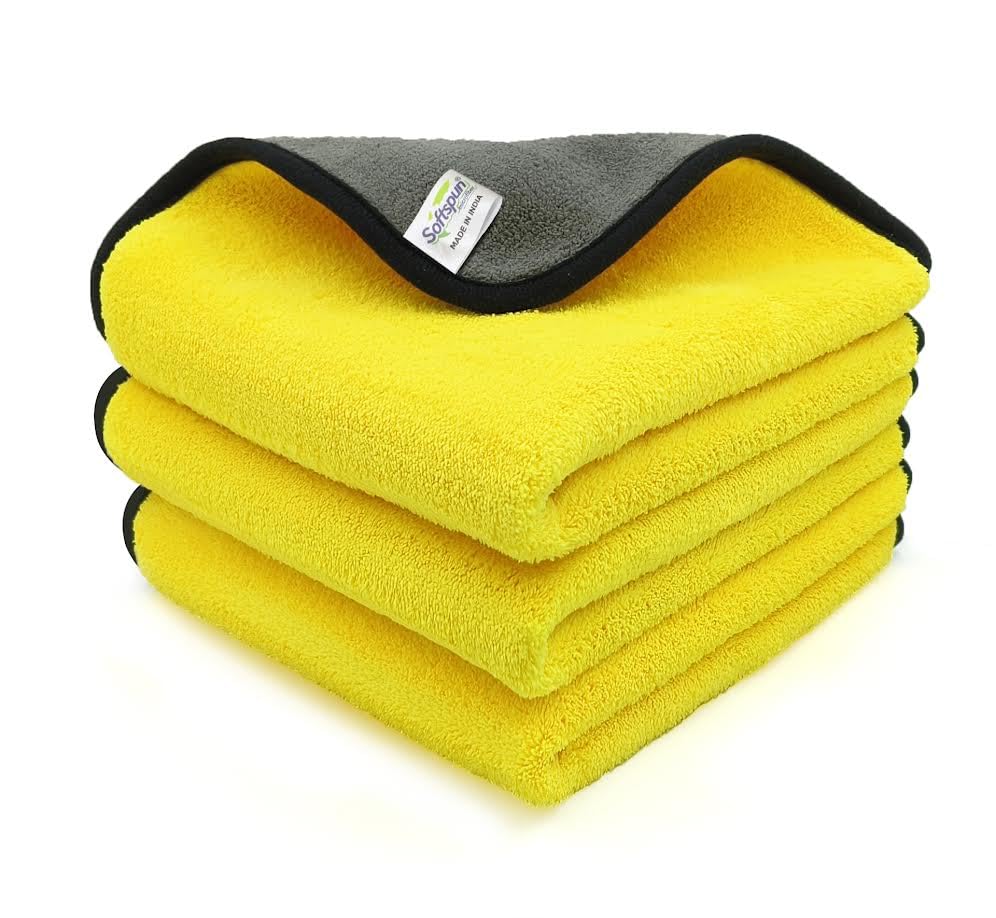 Microfiber Cloth Silk Banded Edges 800 GSM 30X40 cms 3pcs Yellow+Grey! Silk Banded Edge Towel Set Extra Thick Microfiber Cleaning Cloths Perfect for Bike Auto Cars Both Interior and Exterior.