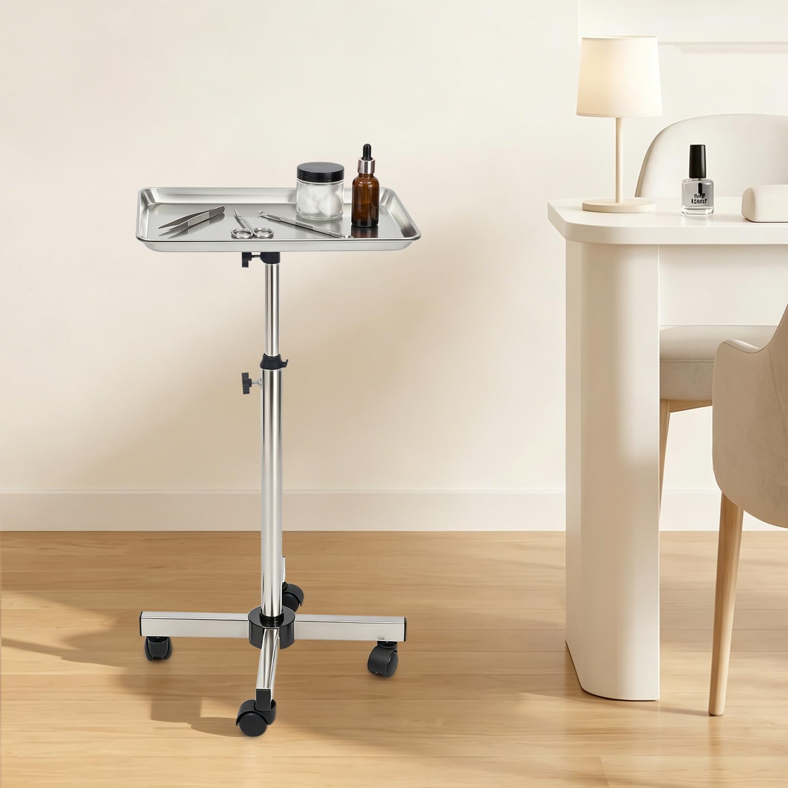 Vassoio da salone con ruote, vassoio per tatuaggi, carrello da laboratorio in acciaio inox | Carrello da parrucchiere regolabile in altezza per saloni, studi, negozi, dentisti