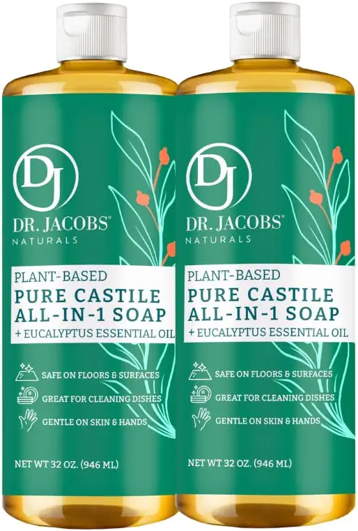 Dr. Jacobs Naturals All-Purpose Castile Cleaner - Safe, effective plant-based formula for surfaces, floors, and appliances. Eco-friendly, vegan, Sulfate Free soap made for your home and the planet (Eucalyptus, 32 Fl Oz (Pack of 2))