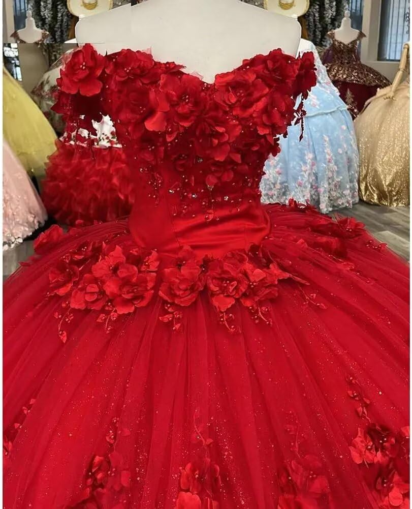 Asulla Women's 3D Flower Off Shoulder Quinceanera Prom Dress with Train Beads Sweet 16 Puffy Ball Gowns
