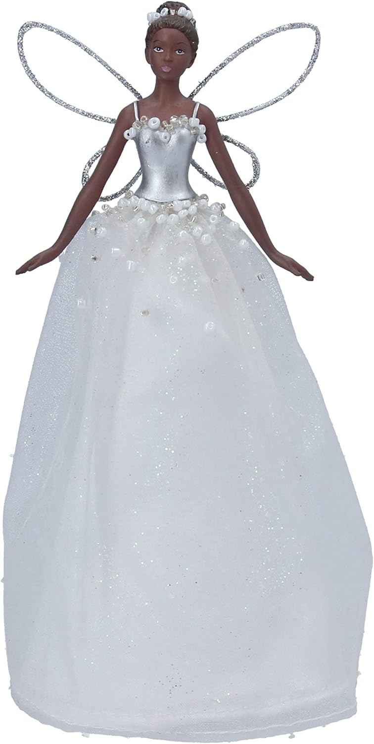 Gisela Graham 18cm Black Skinned Fairy Tree Topper | White Dress Christmas Decoration