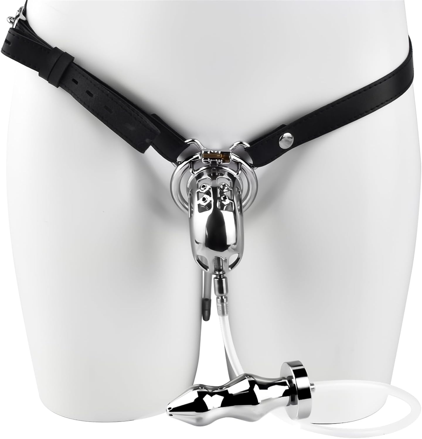 Wearable Male Chastity Cage Metal Chastity Device with Urethral & Anal Plug - Leather Strap on Men Cock Cage Stainless Steel Penis Cages Adult Men Sex Toy (55MM Ring)