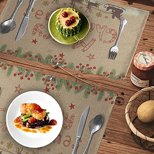 Retro Farmhouse Merry Christmas Tischsets Set von 4 hitzebeständigen, rutschfesten Küchentischmatten für dekorative Wohnkultur, Tisch Essen, waschbar, Tischset, Rentier und Weihnachtsbeeren Cover